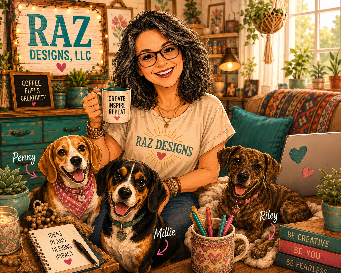 Rhonda, founder of RAZ Designs, with her three beagles