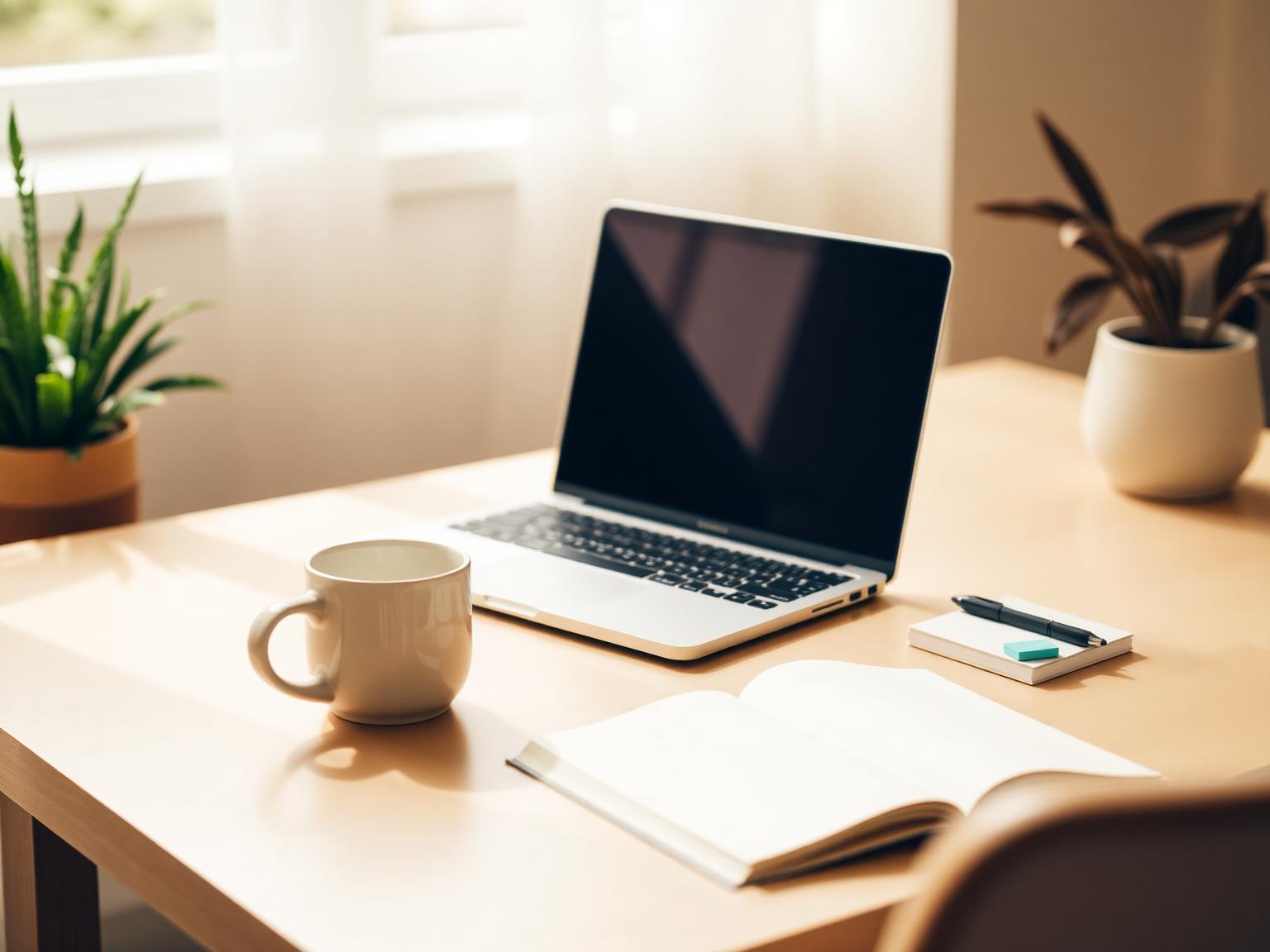 A warm, sunlit workspace — notebook, laptop, and coffee